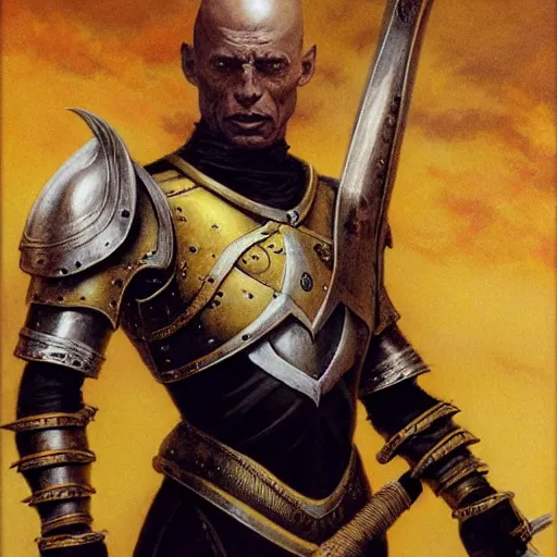 Image similar to ( ( ( quarter length portrait of a gaunt noseless yellow - skinned bald githyanki warrior in a breastplate, wielding a magical silver greatsword ) ) ), greg rutkowski, frank frazetta, alexandre chaudret, boris vallejo, michael whelan, miro petrov, magali villeneuve, donato giancola, d & d
