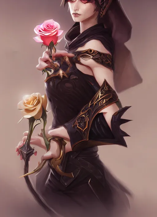 Image similar to beautiful and cool female dark magician, wide angle view, roses, skulls, black, white, gold colors, shiny, highly detailed, artgerm, cushart krenz, artstation, soft light, sharp focus, illustration, character design, concept art