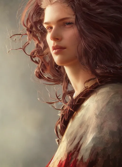 Image similar to vertical portrait of a ruggedly handsome female cleric, soft hair, close - up face, leather, witchy, d & d, fantasy, intricate, elegant, highly detailed, digital painting, artstation, concept art, smooth, sharp focus, illustration, art by artgerm and greg rutkowski and alphonse mucha, plain red background