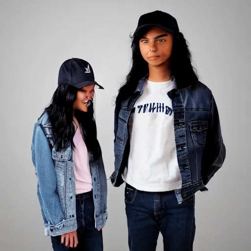 Image similar to 19-year-old girl, long shaggy black hair, wearing denim jacket and jeans, standing next to 18-year-old boy wearing backwards baseball cap and baggy jeans