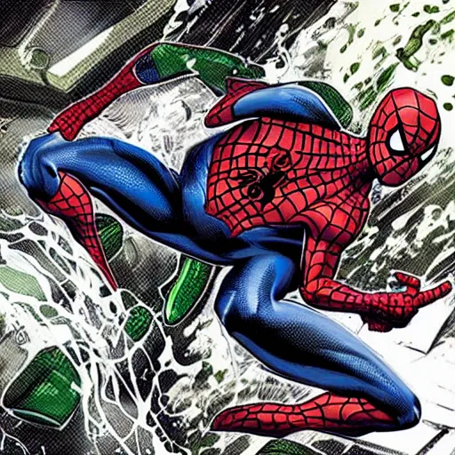 Prompt: spider - man getting killed by green goblin, dark, gothic, atmosphere, heavy rain fall
