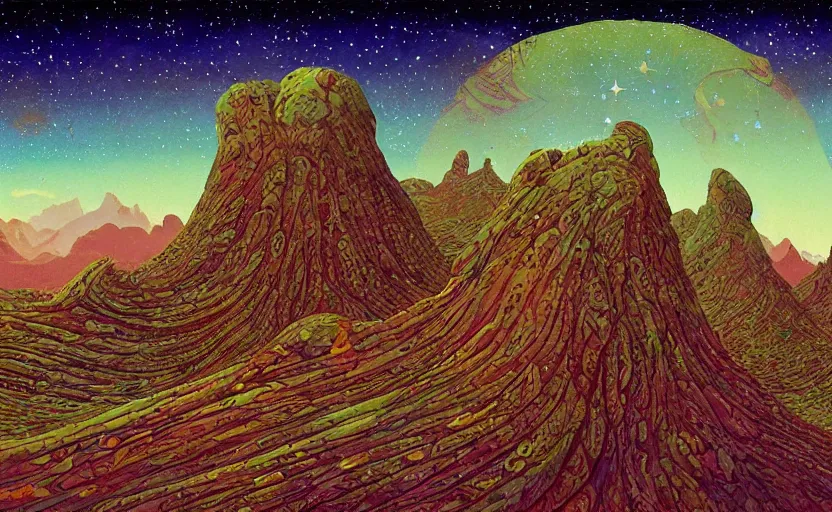Prompt: mountains, stars and paisley filled sky, artstation, intricate, highly detailed, digital painting, concept art, sharp focus, illustration by Roger Dean and Ivan Bilibin