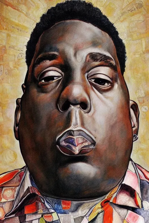 Image similar to a realistic portrait of biggie small in style of egon schiele, masterpiece, hyperdetailed, complex, intricate, 4 k, trending on artstation