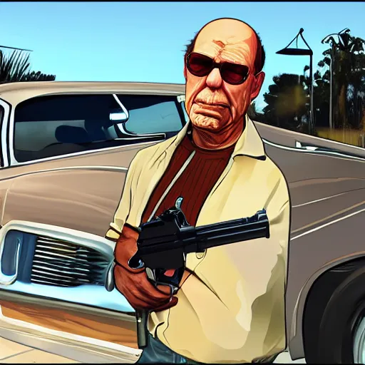 Prompt: old man in car holding gun, gta v art