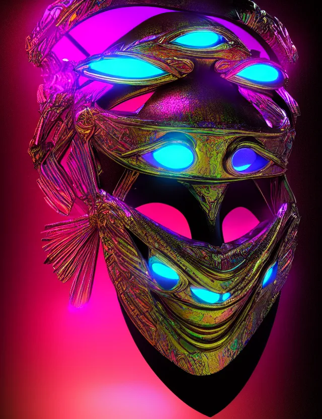 Prompt: highly detailed digital art rendering of a beautiful futuristic iridescent geisha mask with glowing eyes. black background. gritty textures. unreal engine, redshift, blender. psychedelic art. trending on artstation, behance.