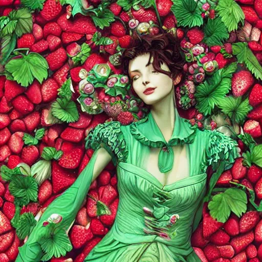 Image similar to the portrait of an absurdly beautiful, graceful, elegant, sophisticated, fashionable woman made of strawberries and green petals looking up, an ultrafine hyperdetailed illustration by kim jung gi, irakli nadar, intricate linework, bright colors, octopath traveler, final fantasy, unreal engine 5 highly rendered, global illumination, radiant light, detailed and intricate environment