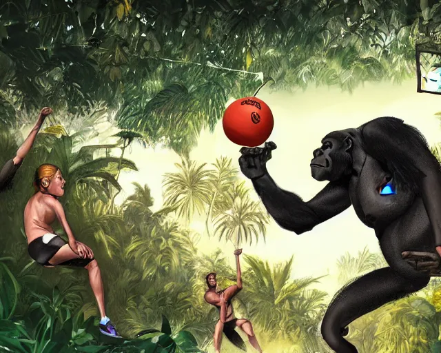 Prompt: gorillas playing volleyball in a jungle with a volleyball, volleyball net, digital illustration, inspired by greg rutkowski and artgerm, high detail