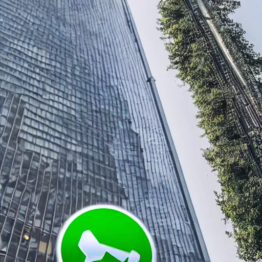 Prompt: A high resolution photo of a building with a whatsapp logo graffity on it, the photo was taken from far away, the photo was taken from the ground looking up at the building.