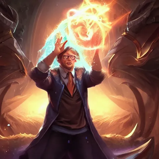 Image similar to portrait of bill gates as a spellcaster, league of legends amazing splashscreen artwork, legends of runeterra, splash art, natural light, elegant, photorealistic facial features, intricate, fantasy, detailed face, atmospheric lighting, anamorphic lens flare, cinematic lighting, league of legends splash art, hd wallpaper, ultra high details by greg rutkowski