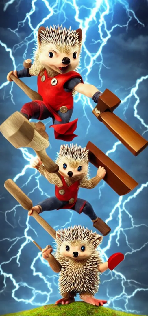 Image similar to the hedgehog thor ~ holding his hammer ~ dramatic thunder background ~ fighting scene ~