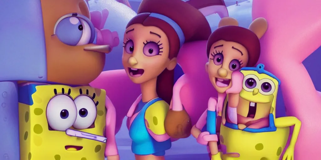 Image similar to “animated Ariana grande and SpongeBob hanging out. 4. Octane render, 4k, 8k, unreal 5, very detailed, hyper realism, trending on artstation.”