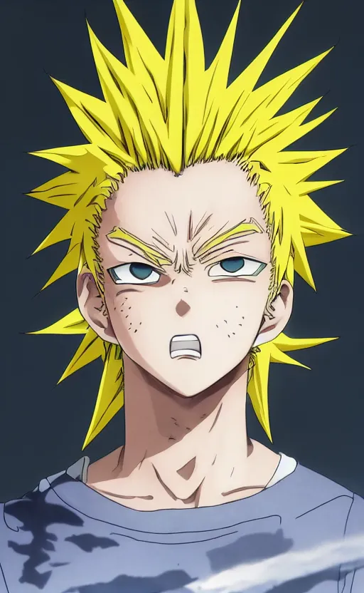 Image similar to Anime key visual of a young boy with spikey yellow hair and lightning powers, portrait, white background, Illustrated by Kohei Horikoshi, high quality face, detailed eyes, big eyes, official media, 8k, anime, detailed, HD, trending on artstation, Illustrated by Akira Toriyama