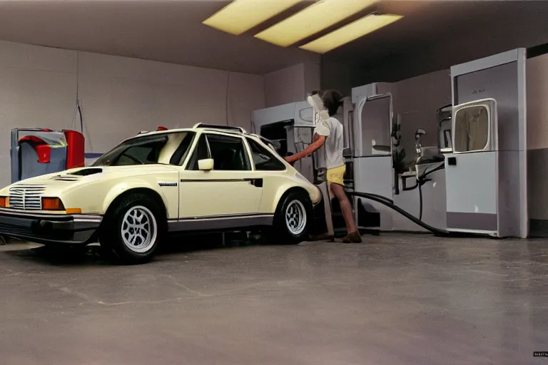 Prompt: A single 1985 wagon estate Bronco Vector W8 Twin Turbo 911!!! BMW M1 inside of a car wash, ektachrome photograph, volumetric lighting, f8 aperture, cinematic Eastman 5384 film