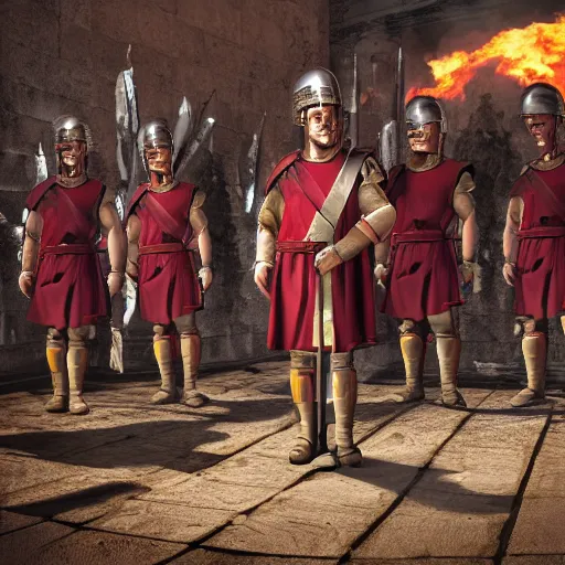 Prompt: cinematic shot of Legatus Lanius surrounded by ancient Roman soldiers standing inside of a burning casino, 8k, epic, dslr,