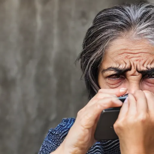 Prompt: astonished and angry middle aged lady looking at smartphone, uncombed hair, greek ethnicity, persian face structure, straight grey hair, angry eyes, photo, realistic, outdoor lighting, 4 k, 8 k, hd, 3 9 mm lens