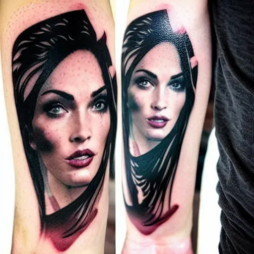 Prompt: double - exposure tattoo of megan fox and beautiful mountains, in the style of dan mountford