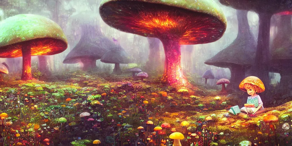 Image similar to ”cute child reading a book, giant mushroom houses in a mysterious fantasy forest, [bioluminescense, flowers, art by wlop and paul lehr, cinematic, colorful]”