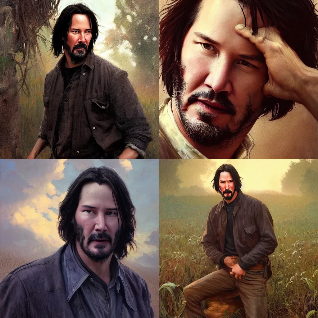 Prompt: keanu reeves as a farmhand, handsome, romance novel cover, face, intricate, dreamy, elegant, digital painting, artstation, smooth, sharp focus, art by artgerm and greg rutkowski and alphonse mucha