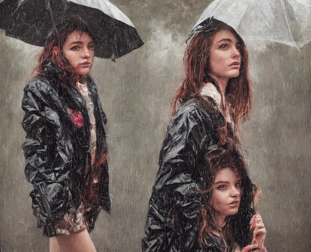 Image similar to a highly detailed beautiful portrait of an exhibitionist in a raincoat in the park, painting by greg rutkowski photo by angelique boissiere art streiber, photorealistic, hyperdetailed, canon eos r 3, cinematic, filmic