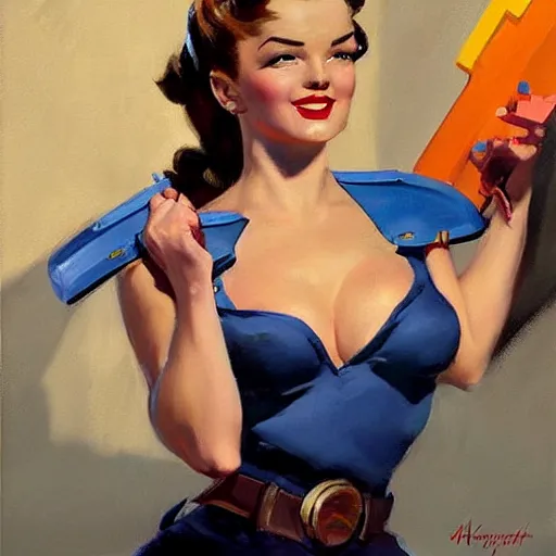 Prompt: greg manchess portrait painting of 1 9 5 0's pinup as overwatch's characters, medium shot, asymmetrical, profile picture, organic painting, sunny day, matte painting, bold shapes, hard edges, street art, trending on artstation, by huang guangjian and gil elvgren and sachin teng
