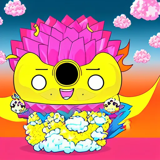 Image similar to kawaii wacky fluffy popcorn with lightning bolt power, yokai, in the style of a mamashiba, with a yellow beak, with a toroidal energy field, with a smiling face and flames for hair, sitting on a lotus flower, white background, simple, clean composition, symmetrical