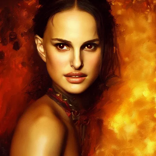Prompt: high quality oil painting portrait of young Natalie Portman by Rembrandt and Raymond Swanland, dark background, high fantasy, perfect lighting, 8k, HD