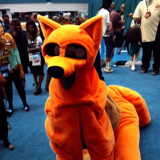 Image similar to snoop dog wearing a fox fursuit without the mask at a furry convention, indoor convention vendors