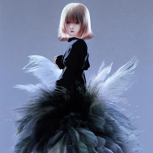 Image similar to little girl wearing an dress made of feathers, anime style, art by ilya kuvshinov, 8 k, concept art, gracious, realistic