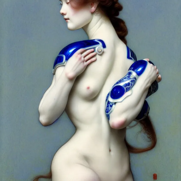 Image similar to porcelain cyborg, Chinese Blue and white porcelain 14th century, diffuse lighting, fantasy, intricate, elegant, highly detailed, lifelike, photorealistic, digital painting, artstation, illustration, concept art, smooth, sharp focus, art by John Collier and Albert Aublet and Krenz Cushart and Artem Demura and Alphonse Mucha