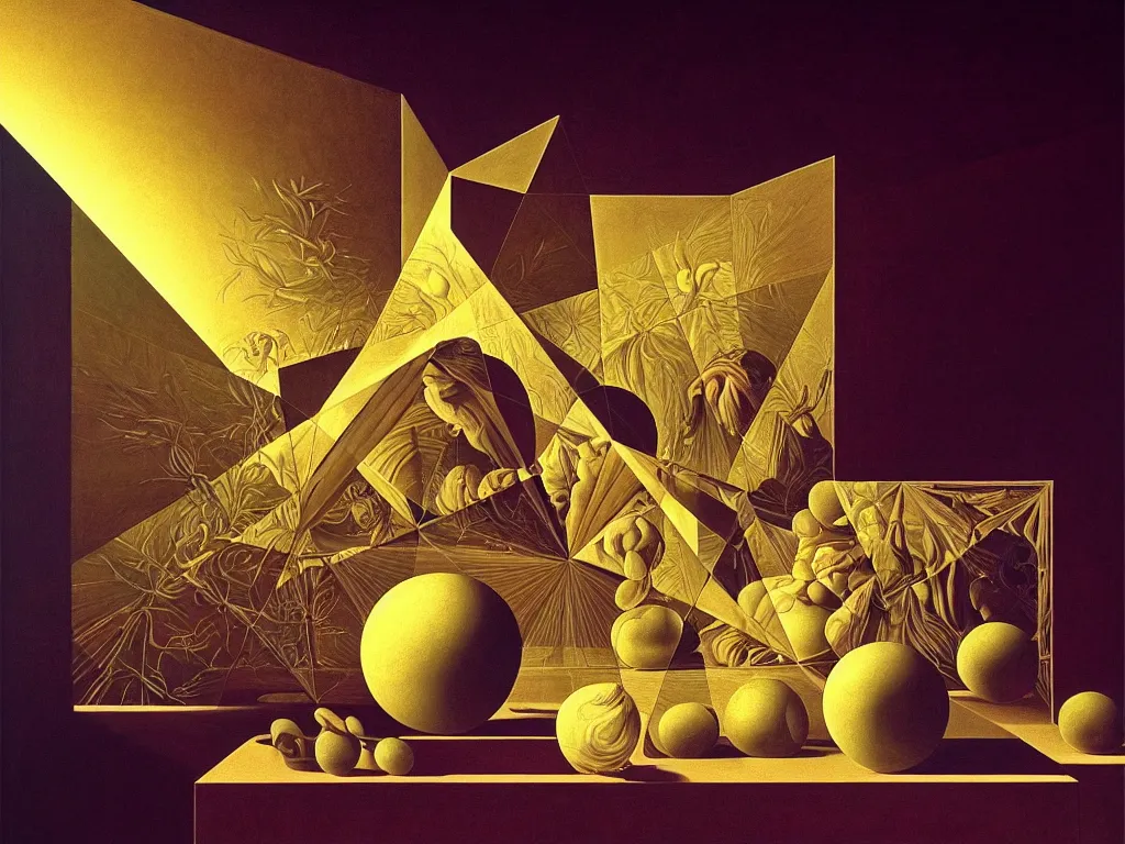 Image similar to hyperrealistic still life portrait of a mind exploding inside of a serene temple, beautiful plans, sacred geometry, light refracting through prisms in a tesseract, by caravaggio, botanical print, surrealism, vivid colors, serene, golden ratio, rule of thirds, negative space, minimalist composition