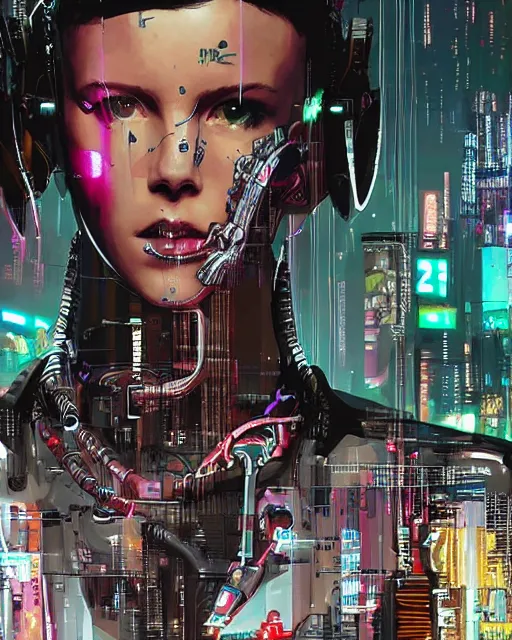 Image similar to cyberpunk millie bobby brown as a robot by yoji shinkawa