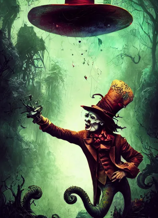 Image similar to mad hatter, call of cthulhu, highly detailed, cinematic, 8 k, by megan duncanson, benjamin lacombe, adrian borda, stanley artgermm, tom bagshaw, craig mullins, carne griffiths, ayami kojima, beksinski, giger, trending on deviantart, hyper detailed, horror, full of colour