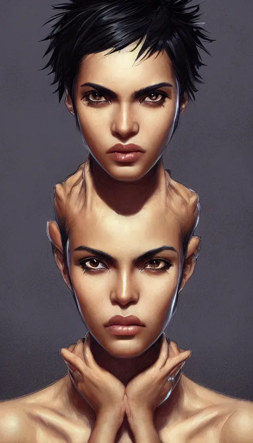 Image similar to woman with short, spiky black hair and dark skin, slanted amber eyes, long thin scar on her face. highly detailed, digital painting, artstation, concept art, sharp focus, beautiful face, expressive eyes, illustration, art by Artgerm and greg rutkowski and alphonse mucha