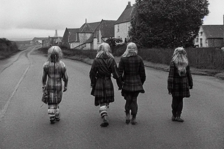 Prompt: three people walking in an empty street in a remote Scottish village on a cloudy morning during the pagan feast of the wicker man, photojournalism, 1967, photorealism, very realistic, in the style of Midsommar, 50mm lens, Kodak 5219 film