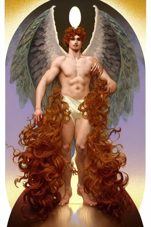 Image similar to symmetrical fullbody portrait of a beautiful young fit male angel with curly blond hairs, fulldressed in long fluent clothes, majestic big red bat wings, luminous fire halo, by greg rutkowski and alphonse mucha, gradient white to gold, in front of an iridescent background, highly detailed portrait, digital painting, artstation, concept art, smooth, sharp focus illustration