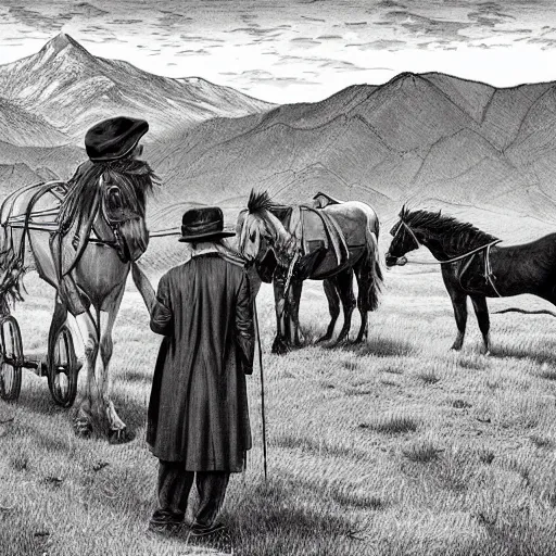 Image similar to a man in old fashioned clothes waits by the side of the road with his suitcase, looking at a coach with 4 horses is in front of him, night time in the mountains highly detailed in the style of edward gorey, artgerm, 8 k resulution - c 5