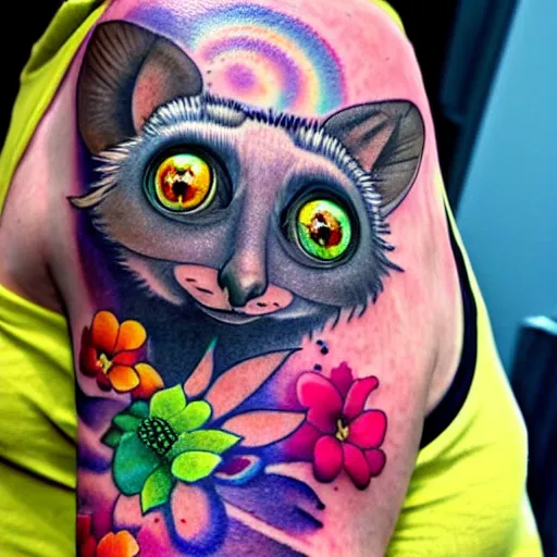Prompt: shoulder tattoo of a multicolored trippy dancing bushbaby with rainbow colored spiral eyes, surrounded by colorful flowers