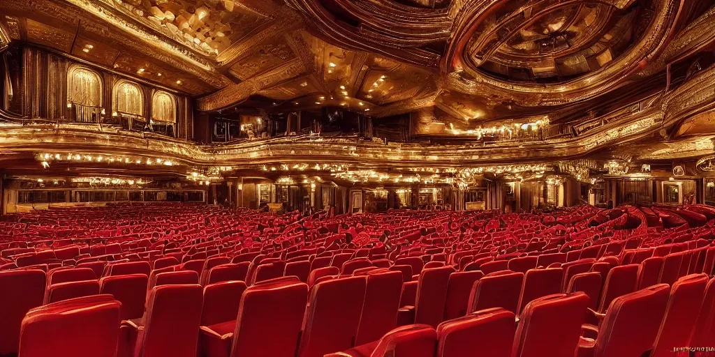 Prompt: realistic interior photo of pathe tuschinski amsterdam, 8 k, hyper realistic, very detailed,