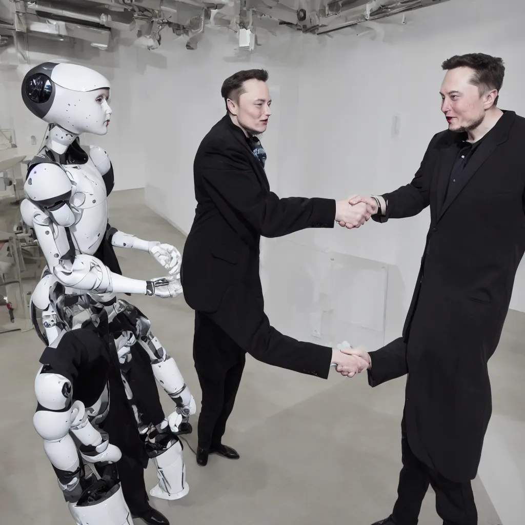 Image similar to photo pf a humanoid robot shaking hands with elon musk