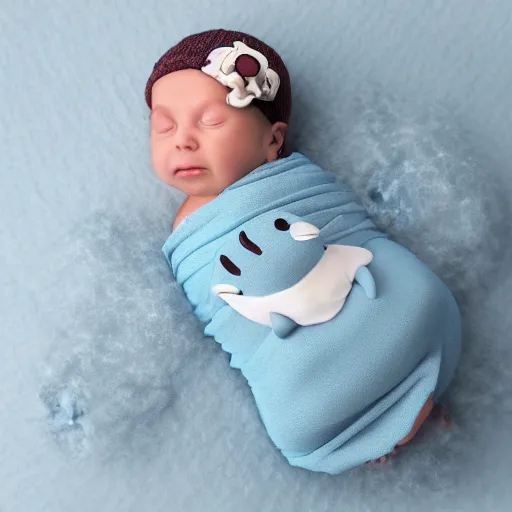 Image similar to cute cuddly baby sharks in baby's clothing swaddled in clouds, photorealistic