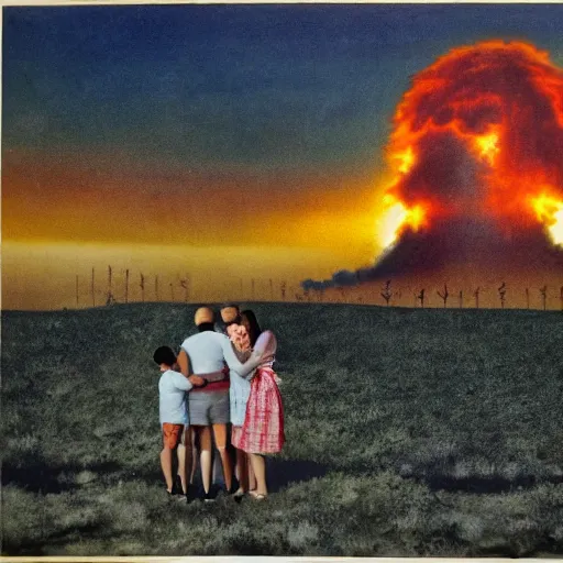 Prompt: A family hugging each other, apocalyptic nuclear explosion in the background