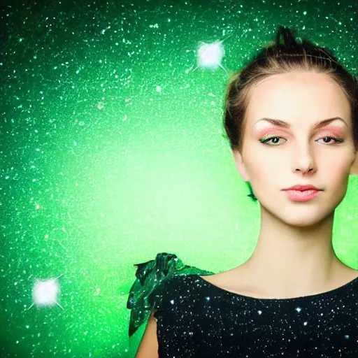 Prompt: Woman with stars for her eyes stars on glowing green background of the night sky