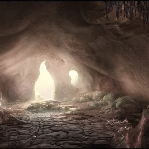 Image similar to beautiful matte painting of the inside of a cave with glowing crystals on the walls and bones on the floor, fantasy, sharp focus