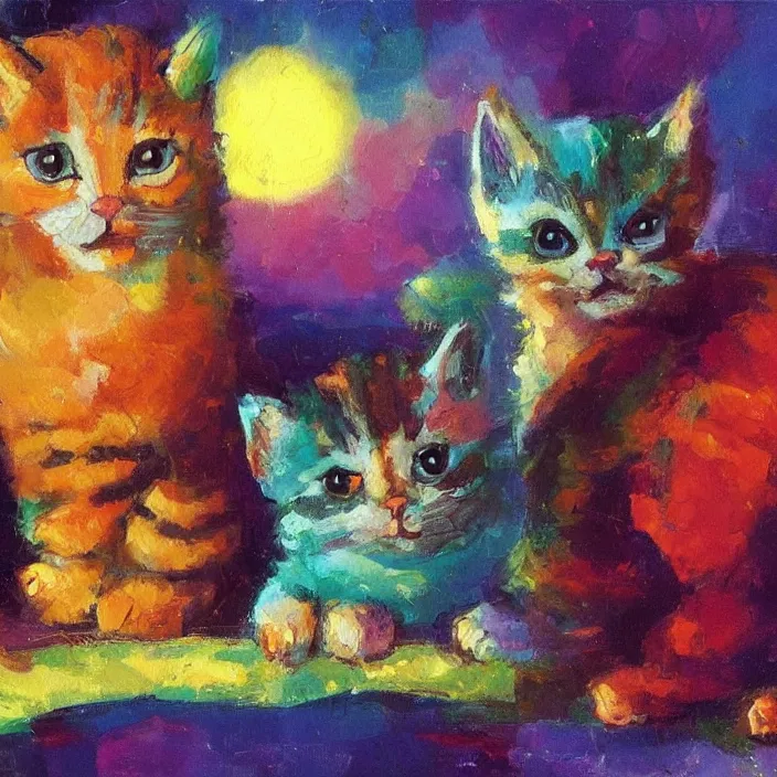 Image similar to colourful painting of two cute little kitties, art in paul lehr and charles camoin style, close shot, bright, evening, soft lighting, focus, masterpiece art