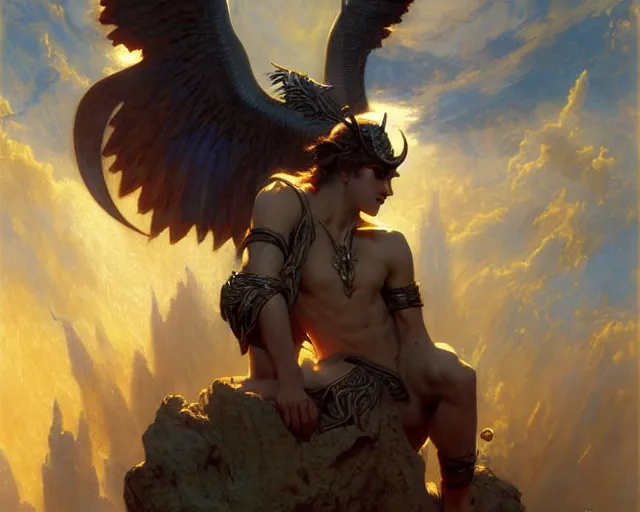 Image similar to attractive male deity, casting demonic magic, summoning handsome lucifer morning star. highly detailed painting by gaston bussiere, craig mullins, j. c. leyendecker 8 k