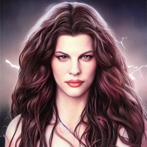 Image similar to liv tyler 2 0 - years old as the greek god of lightning, highly detailed, crazy aerosmith, young, by artgerm and greg rutkowski