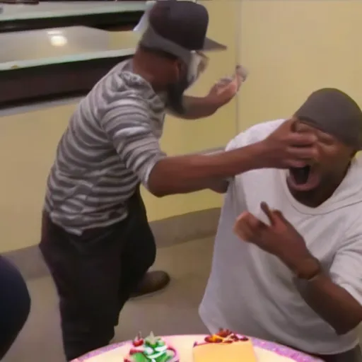 Prompt: angry black guy wearing ski mask throws slice of cake on a man's face