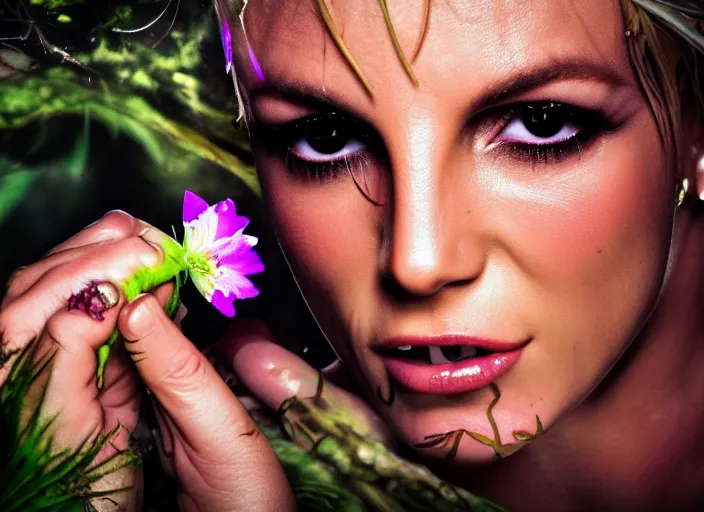 Image similar to super macro of britney spears drinking from a flower in the forest. fantasy horror cyberpunk style. highly detailed 8 k. intricate. nikon d 8 5 0 3 0 0 mm. award winning photography.