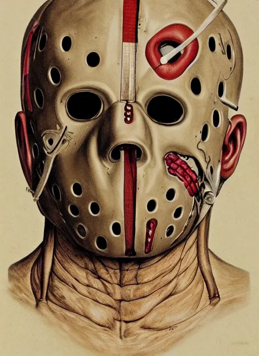 Image similar to vintage medical anatomical illustration of jason voorhees from friday the 1 3 th, highly detailed, labels, intricate writing