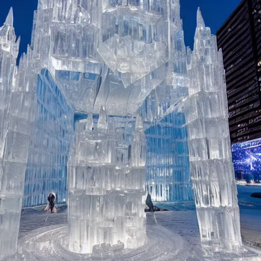 Image similar to a cityscape made entirely of ice, crystal clear ice city sculpture, first person pov, first person perspective, realistic fantasy photography, mystical